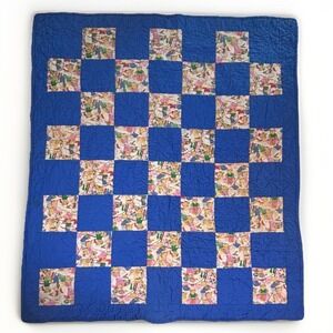 Handmade Teddy Bear Quilt Blue White Checkered Pattern Toddler Baby Blanket